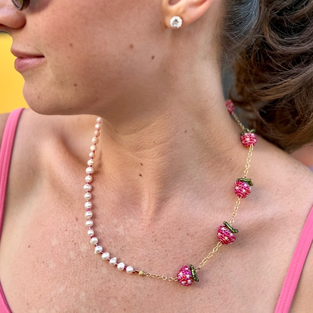 Handmade Strawberry Charm Pearl Necklace